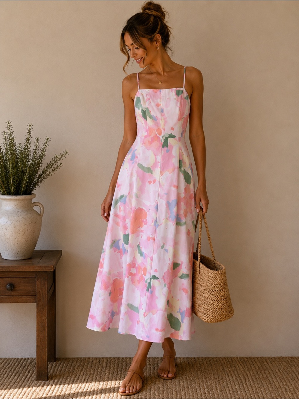 RIHOAS Pastel Watercolor Floral Midi Dress in Pink, Green and Coral